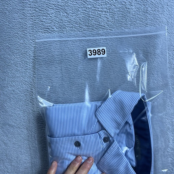 Greyson Golf Polo Shirt Mens Large Blue Striped Short Sleeve Button Down Logo‎ - Picture 9 of 9